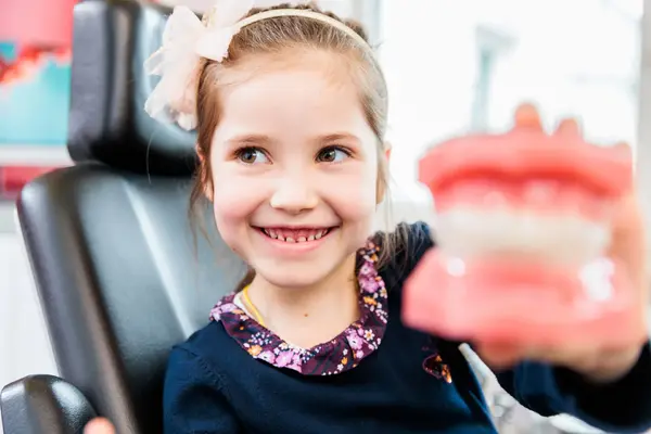 Lächelndes Mädchen beim Zahnarzt hält Zahnmodell für Kinderzahnheilkunde in der Hand.